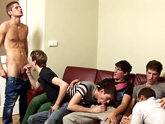The luckiest couch in the world is the stage for a 6 twink orgy!  We've got blonds and brunettes...
