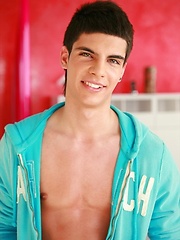 Brunette twink shows his long cock - Gay porn pics at Gaystick