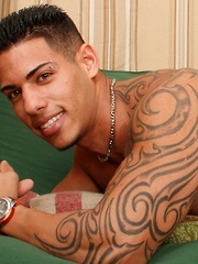 Hot latino macho shows his strong body and strokes hard dick - Gay porn pics at Gaystick