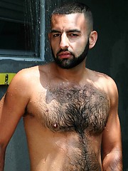 Hot bearded stud David Camacho shows off his hairy body and furry ass in a sexy backyard shower scene - Gay porn pics at Gaystick