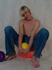 Blond twink Mark has fun with some balls on set, before getting his fat twink cock out for a play... - Gay porn pics at Gaystick